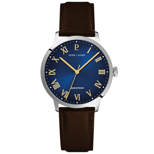 Montre Pierre LANNIER INTERVAL Acier Bleu Cuir Marron - MONTRES -255G164
