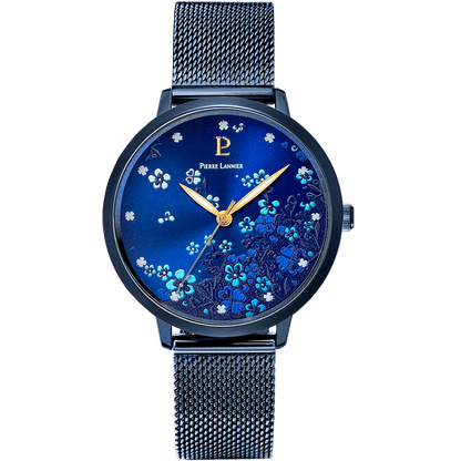 Montre Pierre LANNIER TALLIA Bleu Floral Maille milanaise bleu - Bijouterie TAMARA