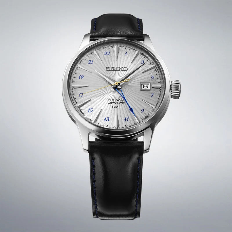 Montre SEIKO Presage Cocktail Automatique GMT Argent Cuir Noir