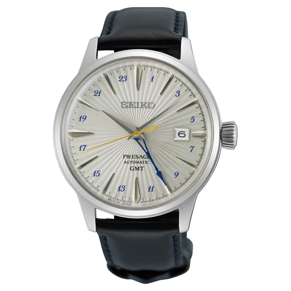 Montre SEIKO Presage Cocktail Automatique GMT Argent Cuir Noir