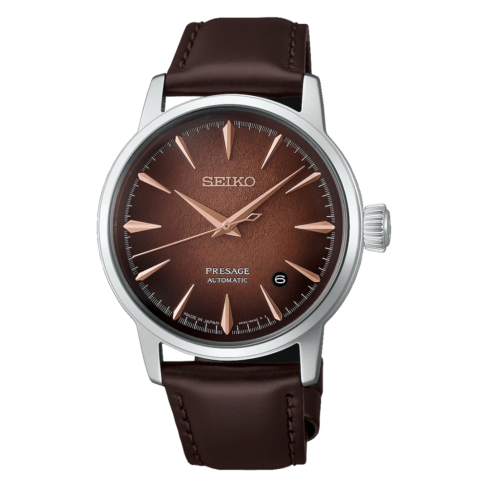 Montre SEIKO Presage automatique Cuir Marron index rose dorés - MONTRES -HCB003J1