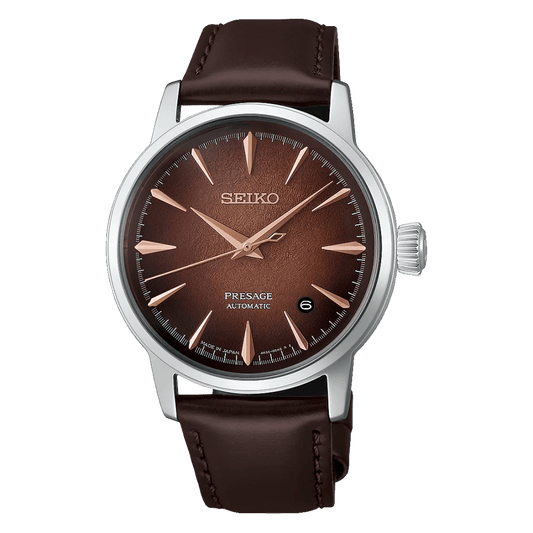 Montre SEIKO Presage automatique Cuir Marron index rose dorés - MONTRES -HCB003J1