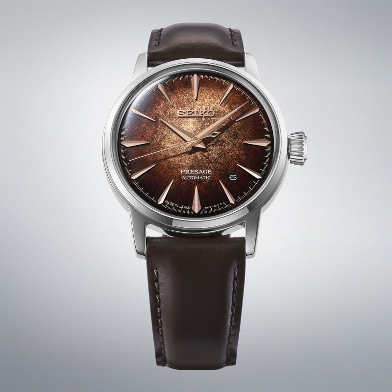 Montre SEIKO Presage automatique Cuir Marron index rose dorés - MONTRES -HCB003J1