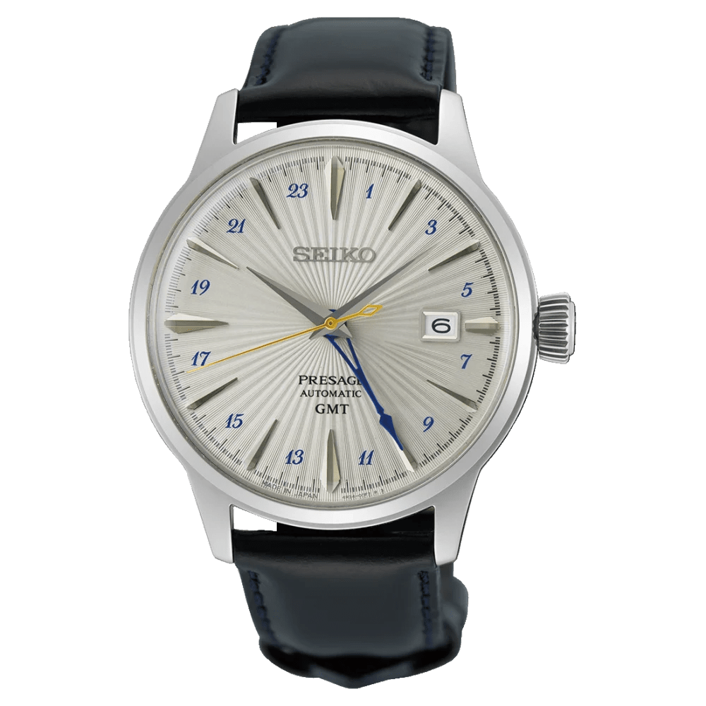 Montre SEIKO Presage Cocktail Automatique GMT Argent Cuir Noir - MONTRES -SSK049J1