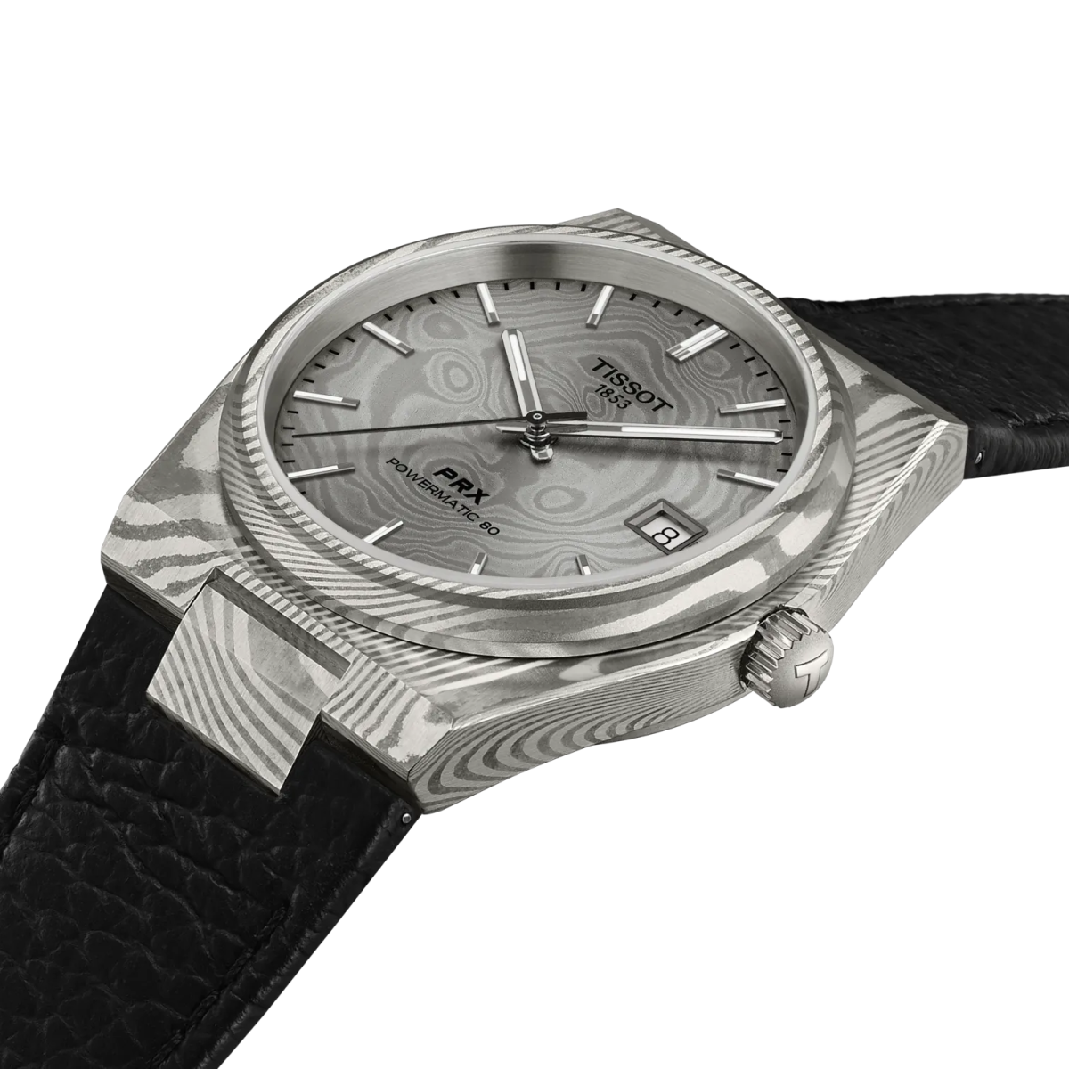 Montre TISSOT PRX Acier Damas Powermatic 80 38mm Cuir noir - MONTRES - T1378079608100