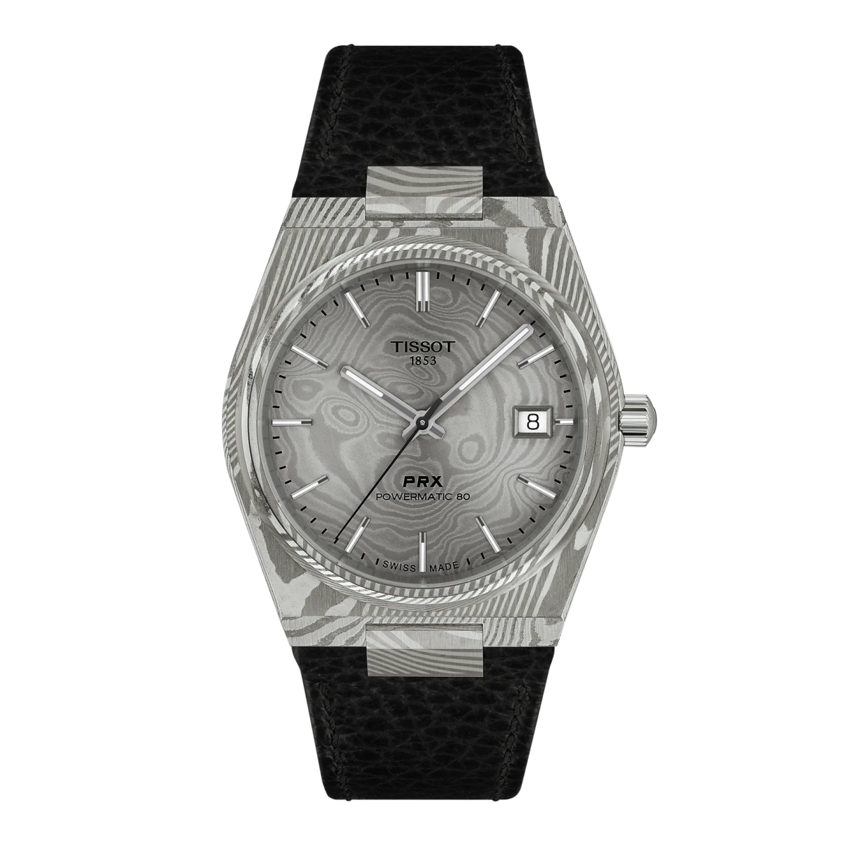 Montre TISSOT PRX Acier Damas Powermatic 80 38mm Cuir noir - MONTRES - T1378079608100