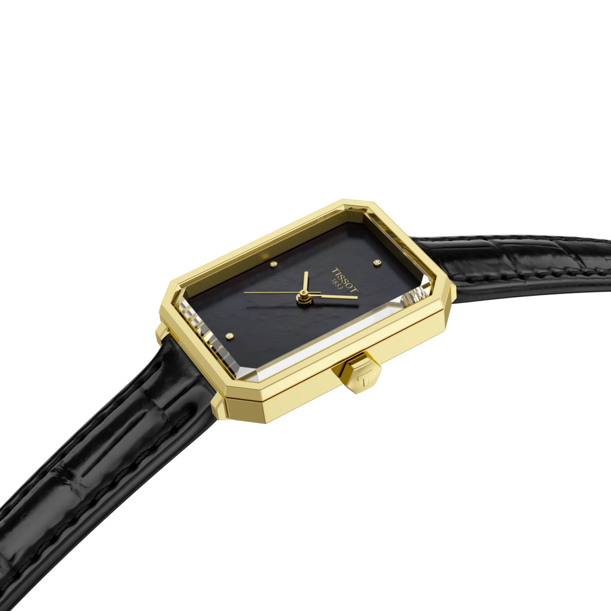 Montre TISSOT SRV Acier Doré Nacre noir avec diamants Cuir noir - Bijouterie TAMARA