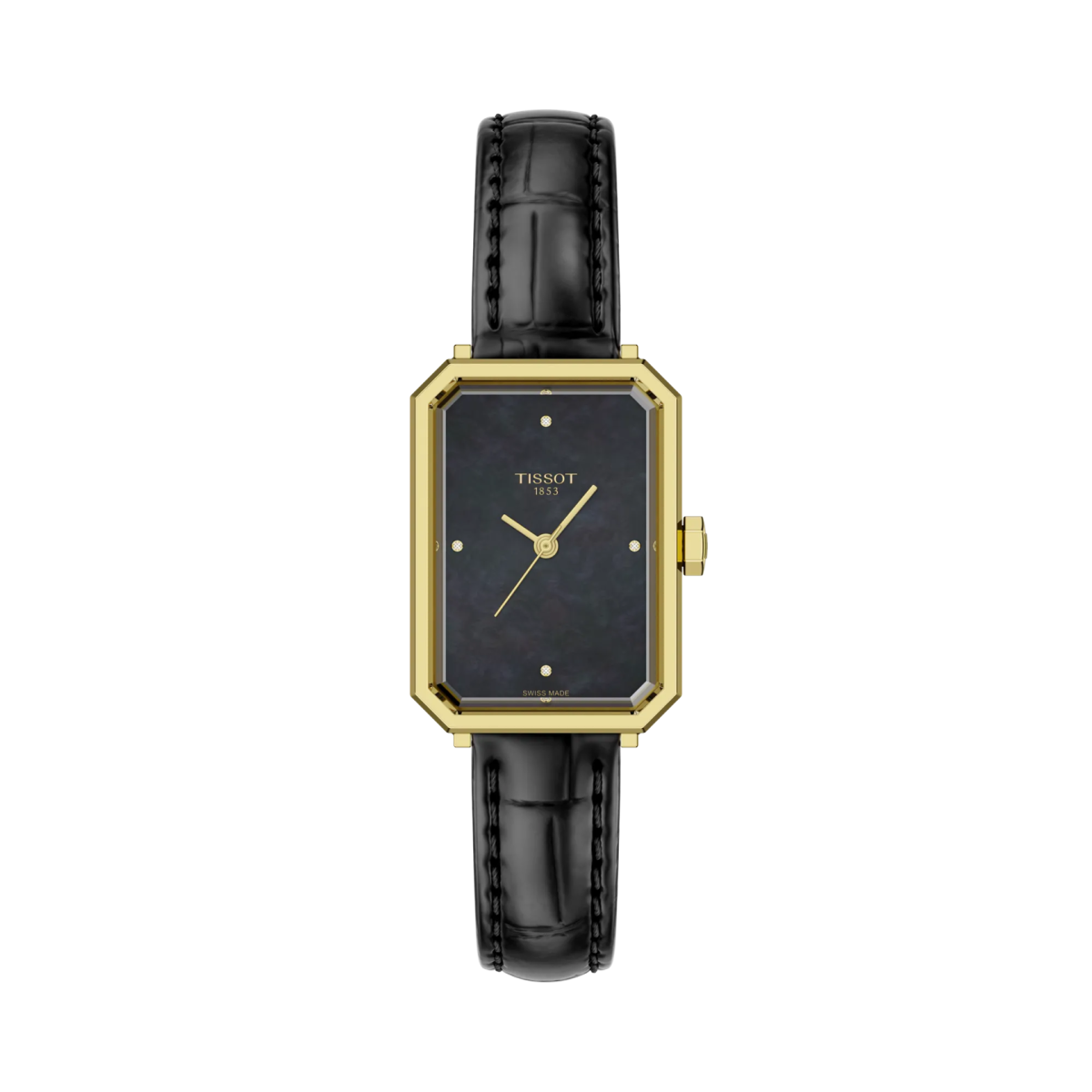 Montre TISSOT SRV Acier Doré Nacre noir avec diamants Cuir noir - Bijouterie TAMARA